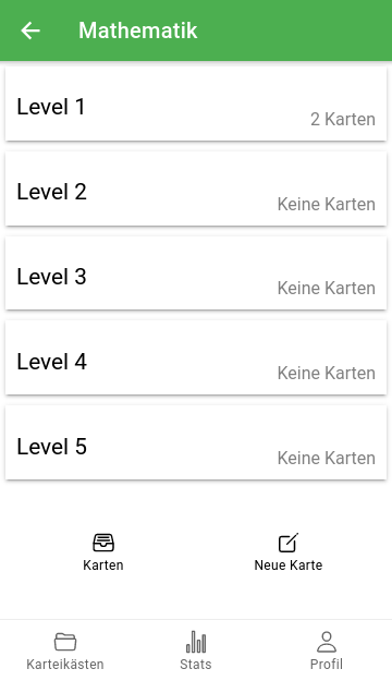 Karteikarten im 5-Level Lernsystem lernen
